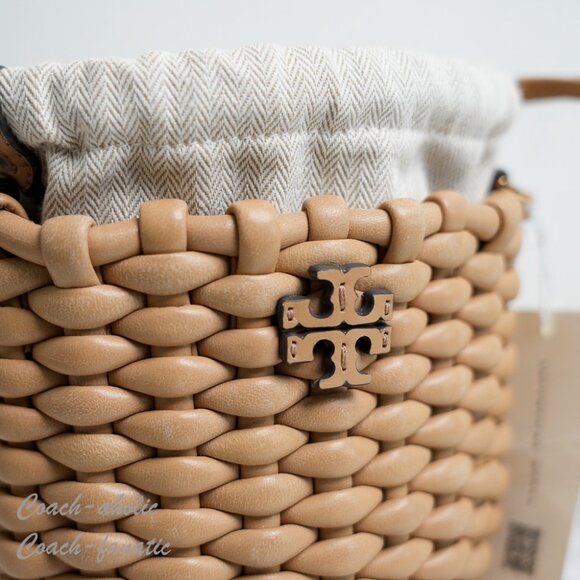 NWT  Tory Burch Emerson Woven Mini Bucket Bag in Ginger Shortbread 160648 - Picture 5 of 12